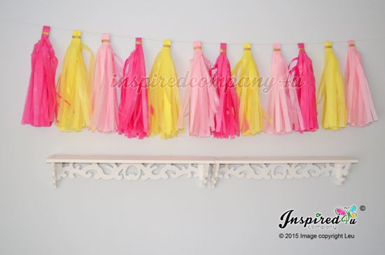 Picture of Birthday Garland Tissue Paper Tassel Wedding Hot Pink Yellow..