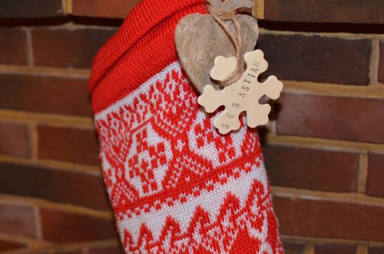 Picture of Christmas Stocking Personalized Knitted Tag  Wooden Reindeer