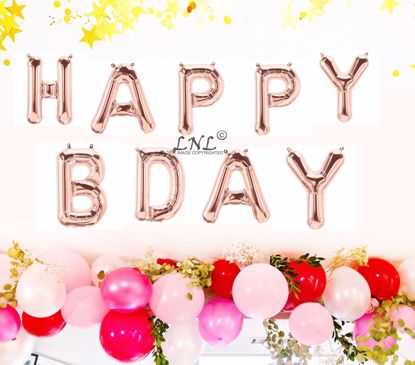 Picture of Happy Bday Rose Gold Balloons, Gold Silver Letters