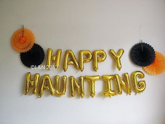 Picture of HAPPY HAUNTING Halloween 16" Letters Foil Mylar Balloons Banner Garland