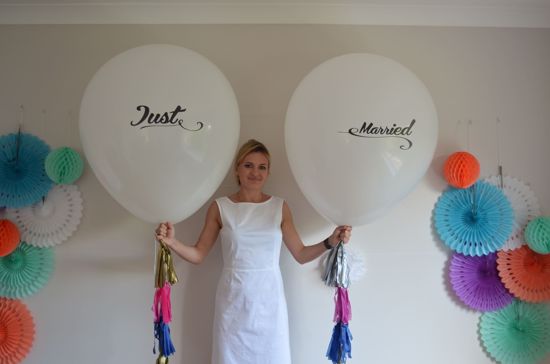 Picture of Just Married Printed Balloon Wedding  Giant 36 inch 3 feet Oval Tassel Tails