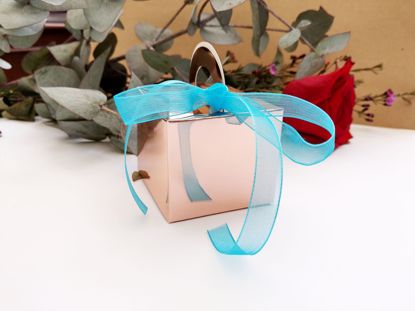 Picture of Rose Gold Wedding Favor Boxes 10 Turquoise Ribbon