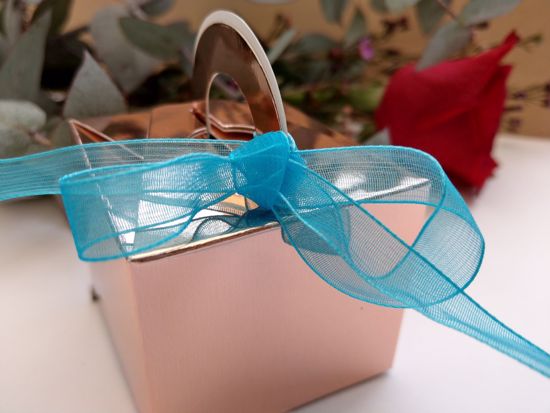 Picture of Rose Gold Wedding Favor Boxes 10 Turquoise Ribbon