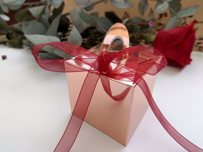 Picture of Rose Gold Wedding Favor Boxes 10 Burgundy Ribbon
