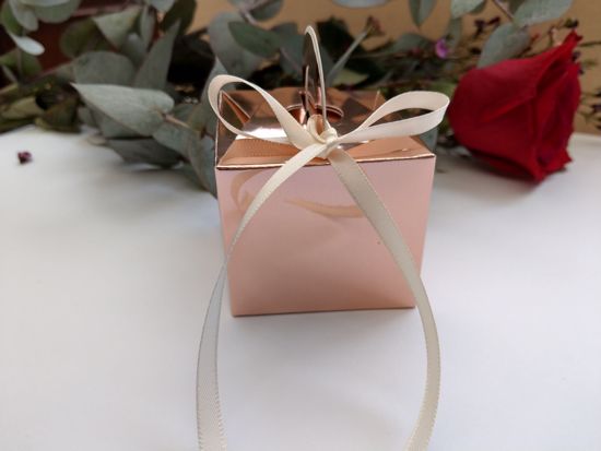 Picture of Rose Gold Wedding Favor Boxes 10 Cream Ribbon