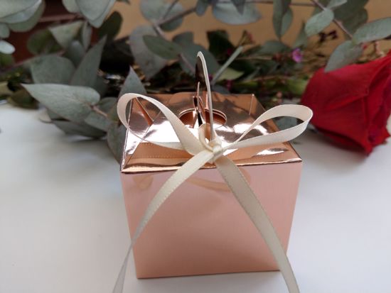 Picture of Rose Gold Wedding Favor Boxes 10 Cream Ribbon