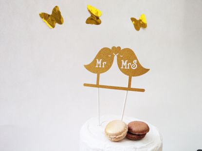 Picture of Mr Mrs Gold Glitter Cake Topper Love Birds