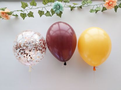 Picture of Burgundy Yellow Balloons Rose Gold Confetti Bouquet