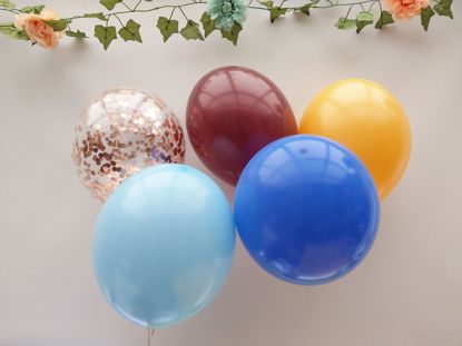 Picture of Burgundy Light Blue Balloons Rose Gold Balloons Confetti Bouquet