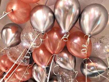 Picture of Chrome Silver Rose Gold Balloons Confetti Ceiling Bouquet