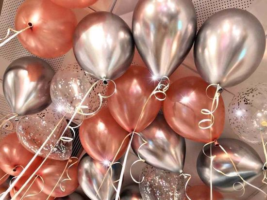 Picture of Chrome Silver Rose Gold Balloons Confetti Ceiling Bouquet