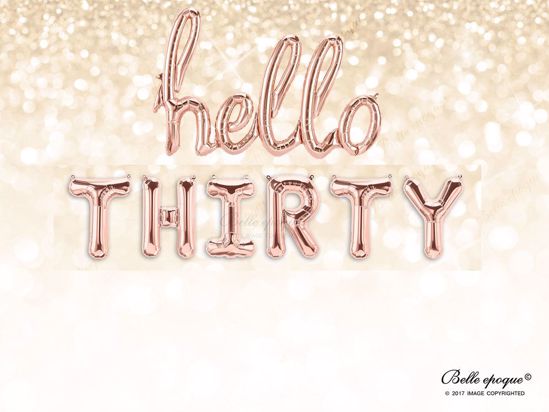 Picture of Script Rose Gold Balloon Banner Letters HELLO THIRTY