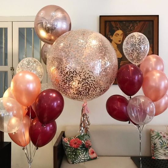 Picture of Rose Gold Balloons Confetti Bouquet Burgundy