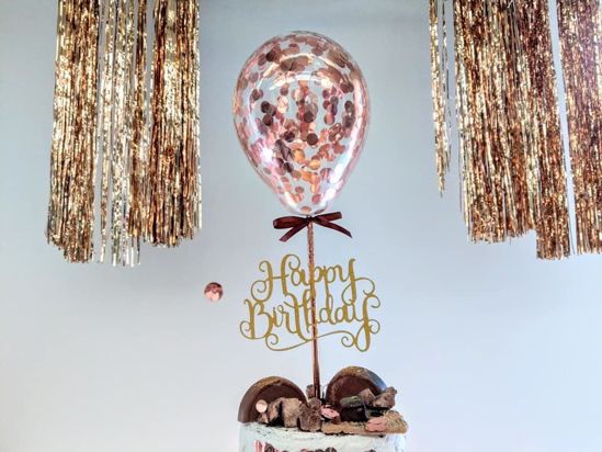Picture of Rose Gold Balloon Confetti Cake Topper Happy Birthday