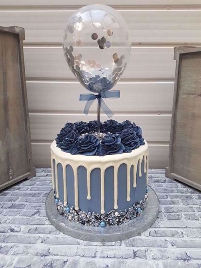 Picture of Balloon Cake Topper Silver Confetti Navy Ribbon
