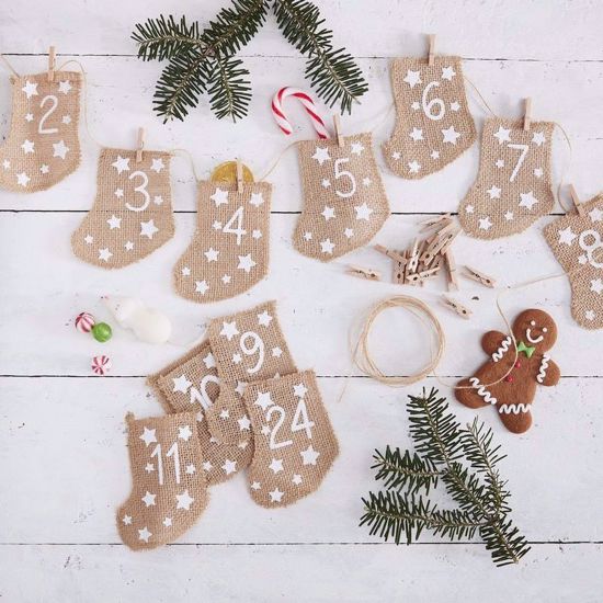 Picture of HESSIAN CHRISTMAS ADVENT CALENDAR STOCKINGS - LET IT SNOW
