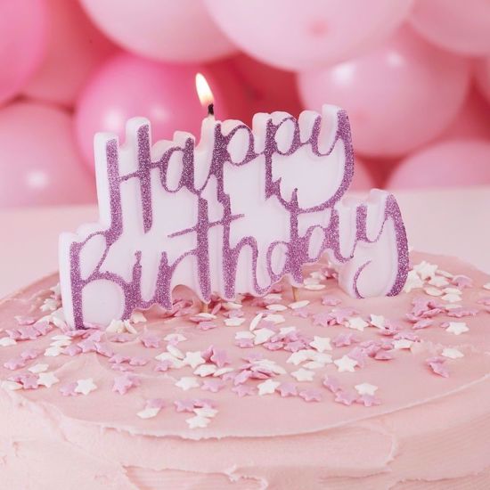 Picture of PINK GLITTER HAPPY BIRTHDAY CAKE CANDLE