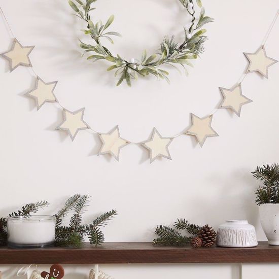 Picture of Wooden Star Bunting with glitter edges Christmas Garland Traditional