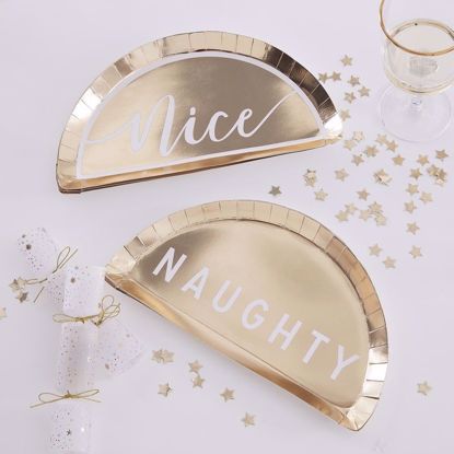 Picture of Gold Paper Plates Naughty Nice Happy New Year Merry Christmas Decorations Tableware