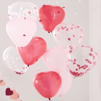 Picture of Pink, Red & Clear Confetti Heart Shaped Balloons