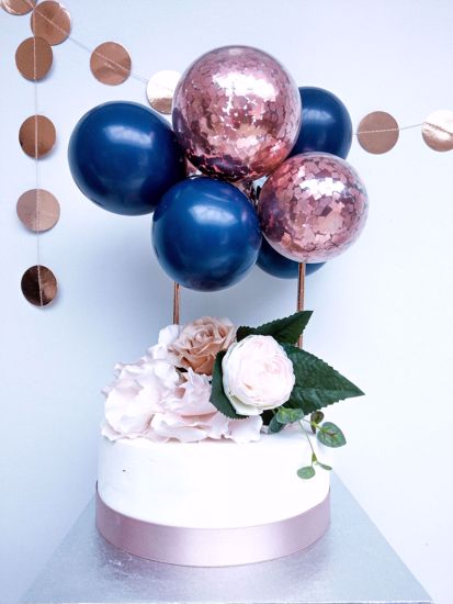 Picture of ROSE GOLD BALLOONS CONFETTI CAKE TOPPER BIRTHDAY NAVY
