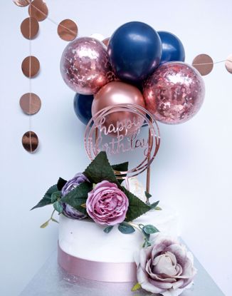 Picture of ROSE GOLD BALLOONS CONFETTI CAKE TOPPER BIRTHDAY NAVY FLOWERS