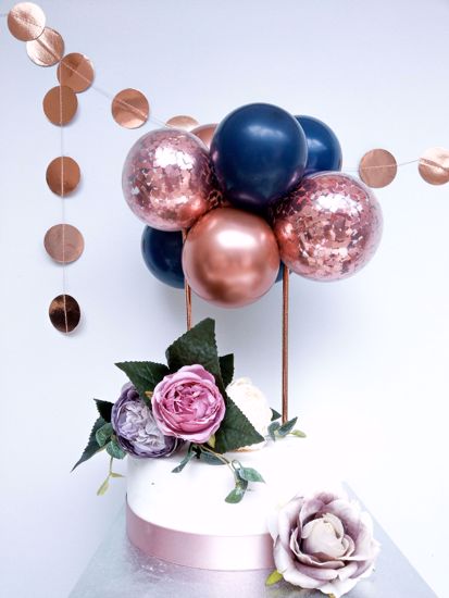 Picture of ROSE GOLD BALLOONS CONFETTI CAKE TOPPER BIRTHDAY NAVY FLOWERS