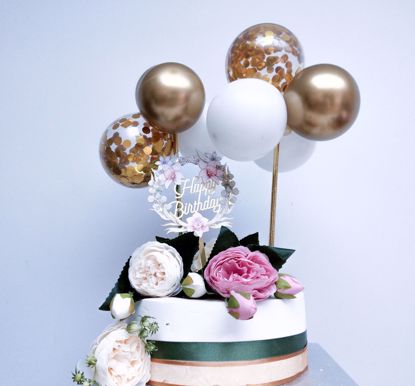 Picture of GOLD BALLOONS CONFETTI CAKE TOPPER BIRTHDAY FLOWERS